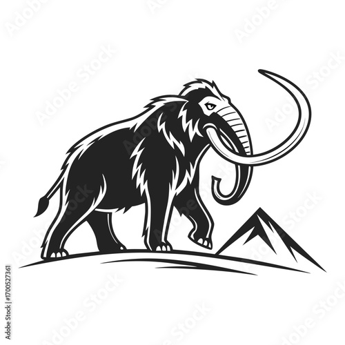 Stylized black and white illustration of a woolly mammoth walking near mountains