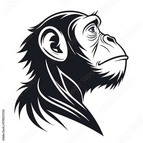Stylized chimpanzee head in profile black and white illustration