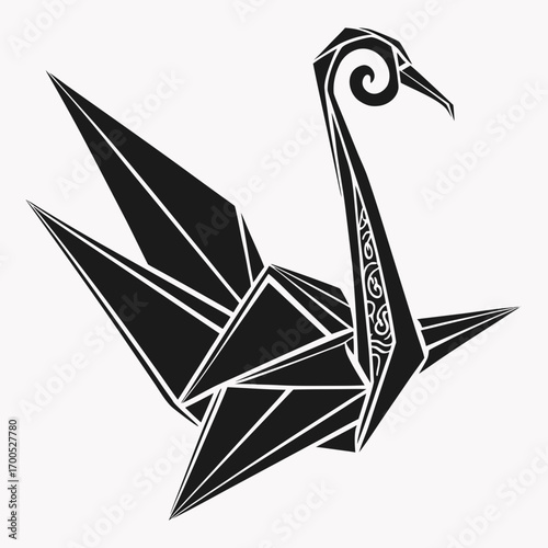 Stylized black origami crane with intricate neck design