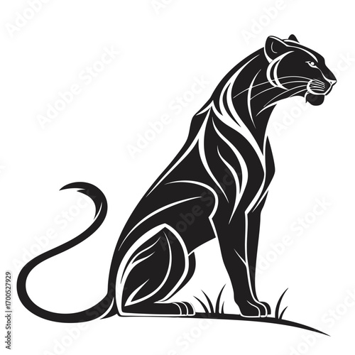 Stylized black panther sitting in grass with tribal markings