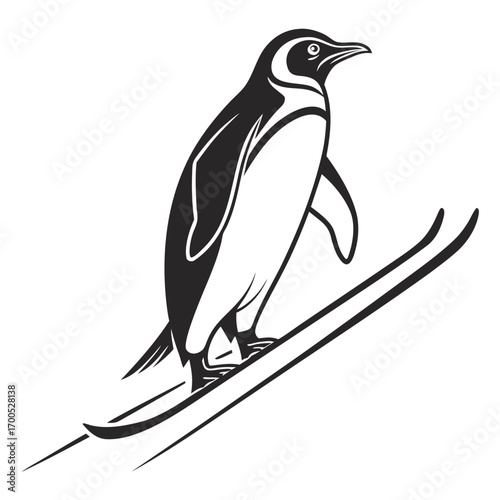 Penguin skiing down a slope in a stylized black and white illustration