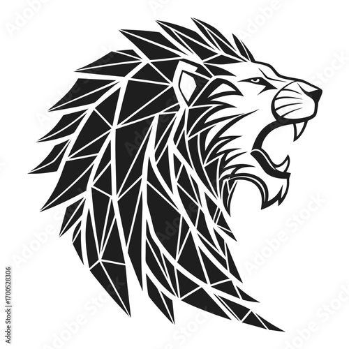 Geometric lion head roaring black and white design