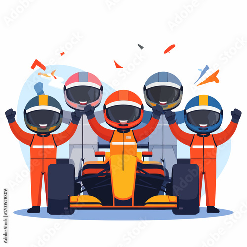 Victorious racing team celebrates a Formula 1 win with their car.