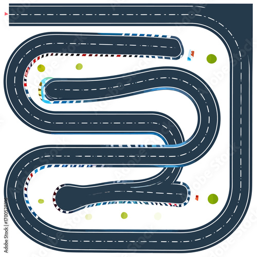 A cartoon-style illustration depicting a winding race track with various curves and turns, ready for competition.