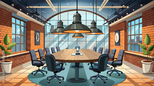 Gorgeous 360-degree panorama of an industrial-inspired boardroom, featuring a raw metal table, black leather chairs, exposed brick walls, and pendant Edison lights, blending rugged charm with contempo