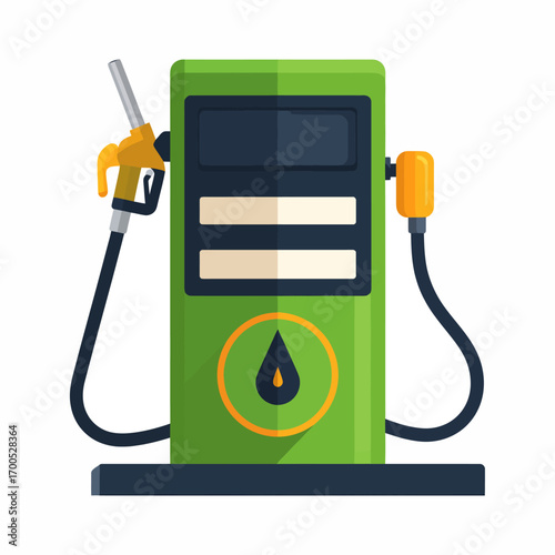 Modern green gas pump with yellow nozzle and hoses, isolated on white background.