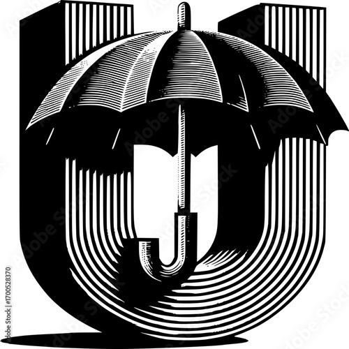 Shelter of protection: Artistic illustration of umbrella shielding the elements of harsh environment. The symbolic representation of security, protection, and support.