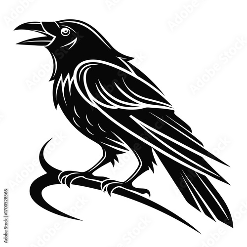 Stylized black raven perched on a branch with open beak
