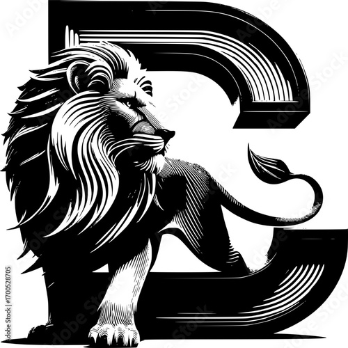  Majestic Lion in the Embrace of L: A captivating illustration of a regal lion, its form intertwined with the letter L, embodying strength and grandeur in a sophisticated grayscale design.