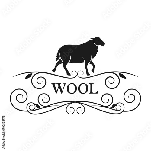 Elegant black silhouette of a sheep with the word wool and ornate swirls