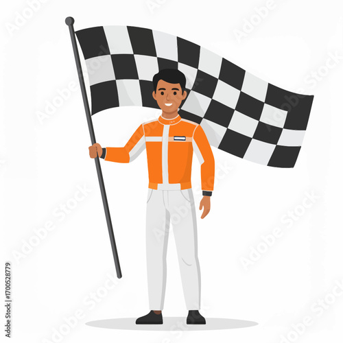 Cartoon character, race car driver, holding checkered flag, signifying victory.