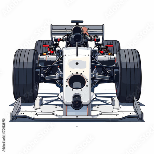 Front view illustration of a modern Formula One race car, showcasing its aerodynamic design and exposed engine components.