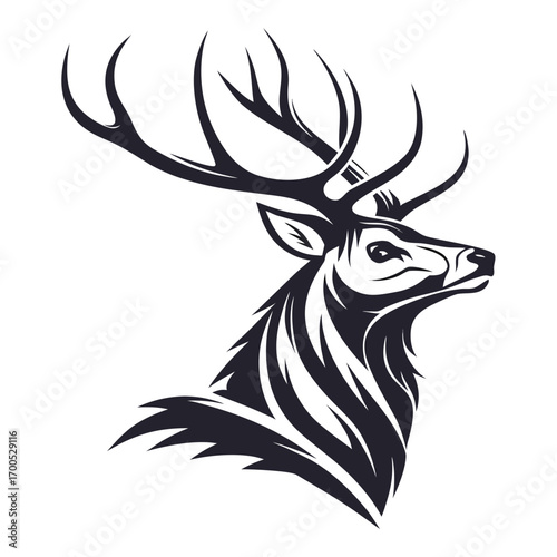 Majestic stag head silhouette with antlers on white background