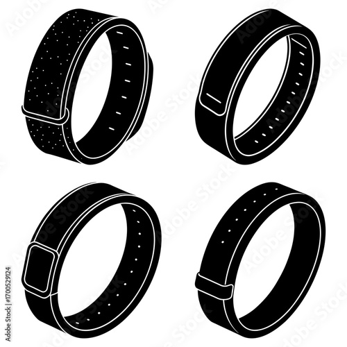 Four black wristbands with different designs displayed in an organized manner on a white background