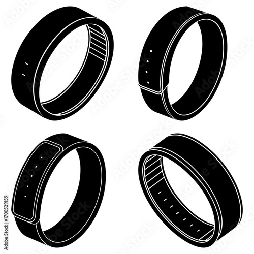 Four black fitness tracker wristbands displayed in an isometric view on a white background layout rendering