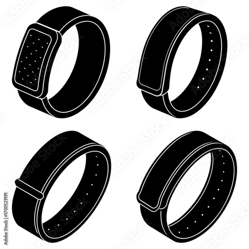Four isometric wristbands in black and white showing different styles and closure mechanisms for accessories