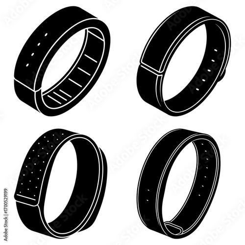 Isometric view of four black wristbands with different designs and patterns on a white background