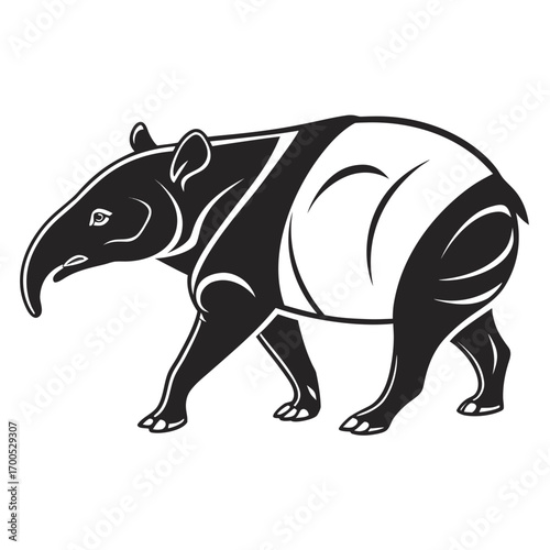 Stylized black and white illustration of a walking tapir