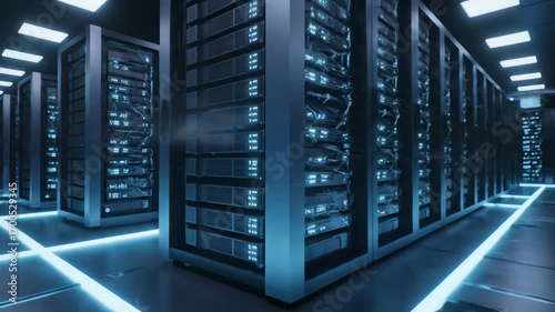 Long Blue Hallway of computer server racks in a data center with glowing blue lines on the floor.