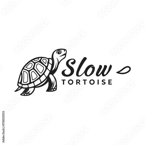 Stylized black and white logo of a tortoise with the text slow tortoise