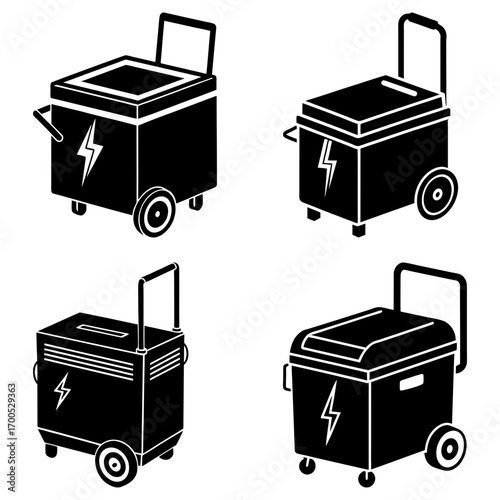 Illustration of four portable generator units with handles and wheels in black and white style