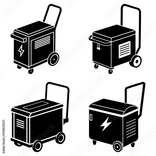 Four black and white illustrations of portable welding machines with handles and wheels displayed