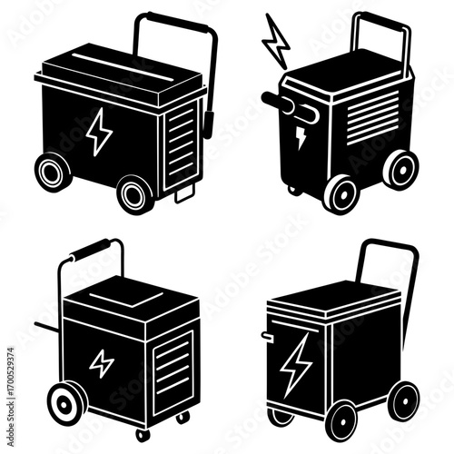 Illustration of four portable welding machines with lightning bolt symbols and handles on a white background