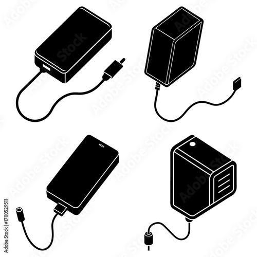 Isometric view of four black electronic devices with connecting cables on a white background design layout