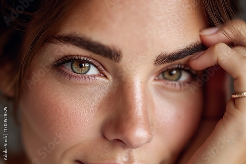 A close up of a woman's face with her hand on her eye