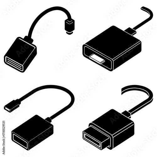 Isometric view of four black adapter cables with different connector types on a white background image