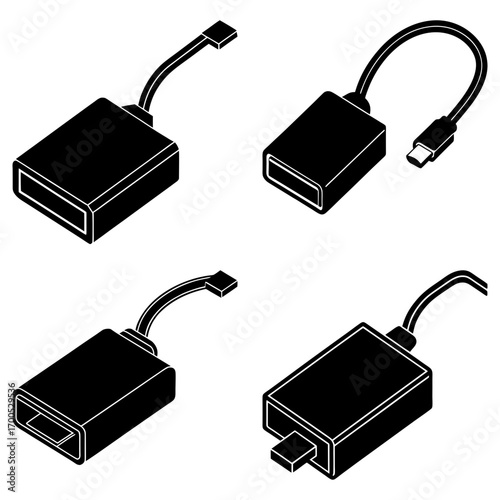 Four black adapters with different connectors and short cables in a symmetrical arrangement on white