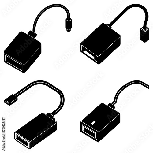 Isometric illustration showing four usb adapter cables with different connector types and orientations