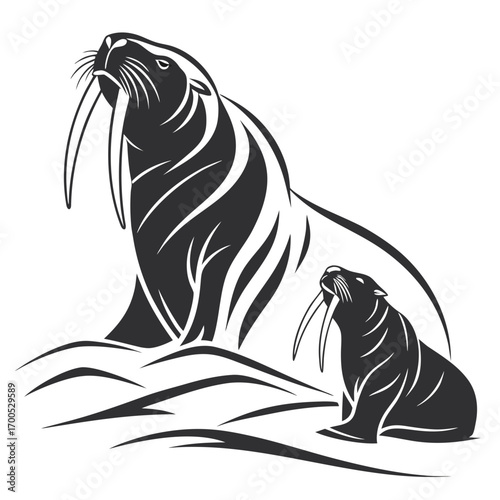 Stylized illustration of a mother and baby walrus on ice