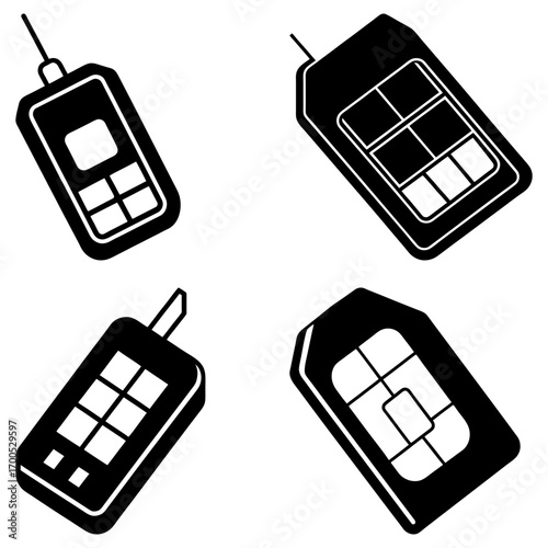 Four black and white illustrations of old cell phones and sim cards in a square arrangement format