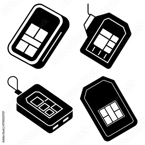 Illustration of four sim cards and a portable hard drive in a black and white isometric view style