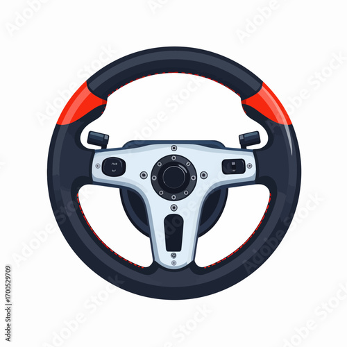 Isolated vector illustration of a modern steering wheel with black, red, and silver accents, presented on a white background.