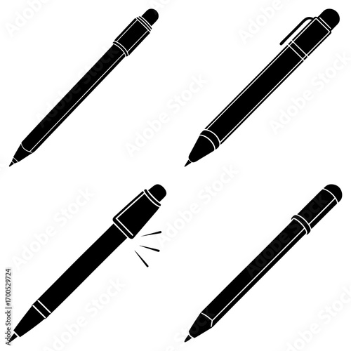 Four black pens in different orientations and styles on a white background in a vector illustration