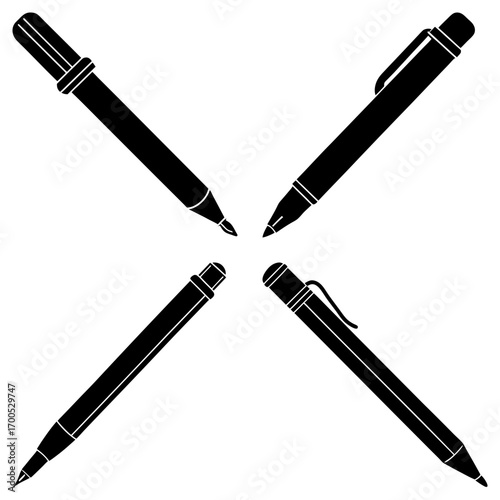 Four black pens arranged in a cross formation on a white background in a simple vector illustration