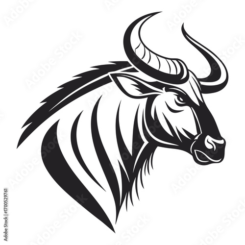 Stylized black and white illustration of a wildebeest head