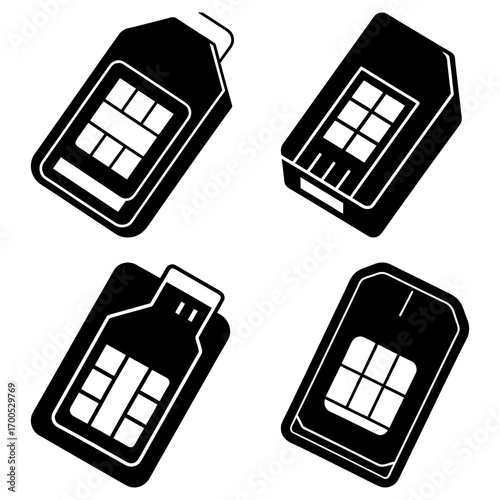 Four sim cards in different styles and orientations displayed in a monochrome illustration design element