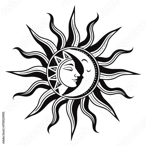 Stylized sun and moon embracing each other in a cosmic dance