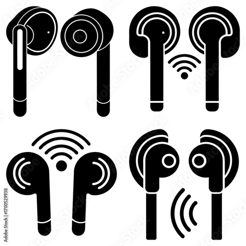 Collection of wireless earbuds in black color with different connection signal representations shown