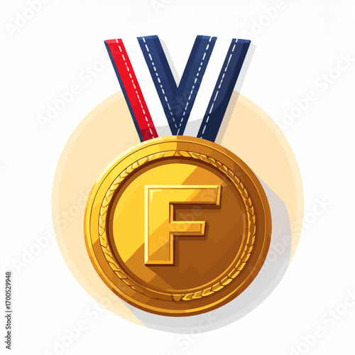 Golden award medal featuring the letter F on a tricolor ribbon representing first place, victory, and success. A detailed vector illustration for a champion