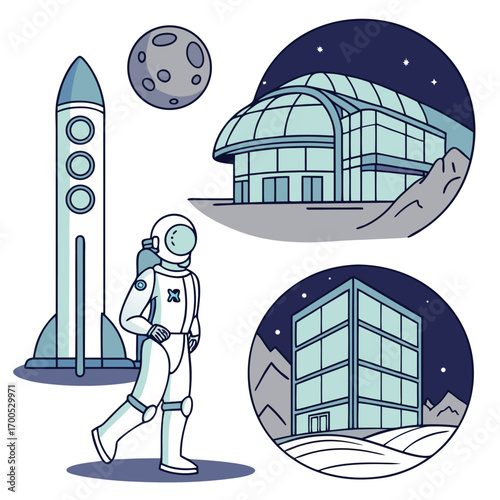 Astronaut and space structures illustration rocket
