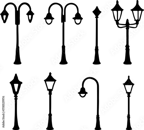 Street light silhouettes set, lampposts set vector, Creative streetlamp vector art, streetlamp vector logo, Set of lamppost art design, lampposts silhouette collection