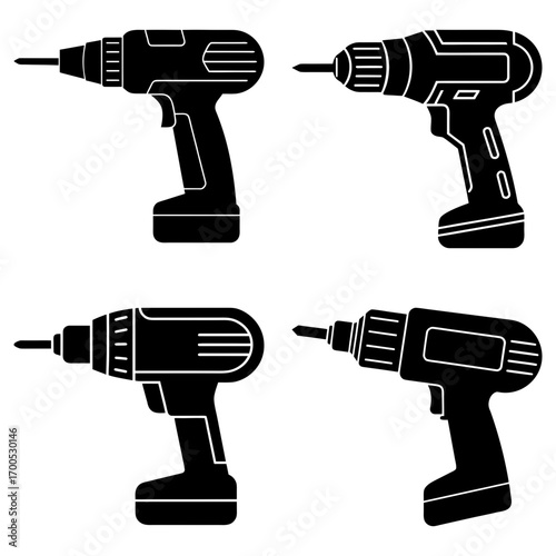 Illustration showing four cordless drills in black silhouette on a white background in a collage format