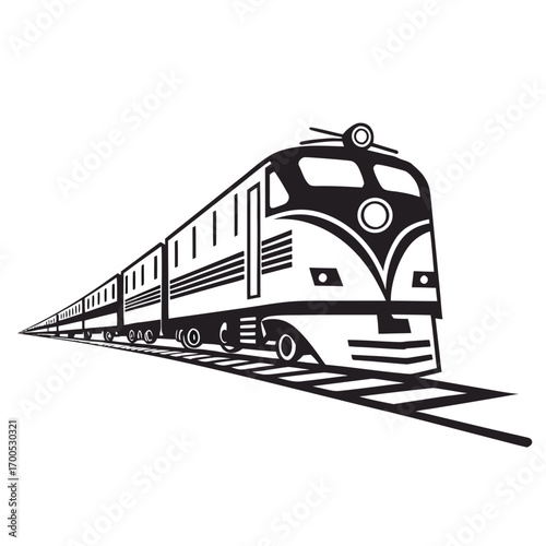 Classic black and white illustration of a long passenger train on tracks