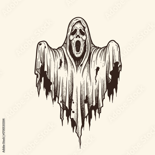Terrifying ghostly apparition with tattered robes and screaming mouth illustration