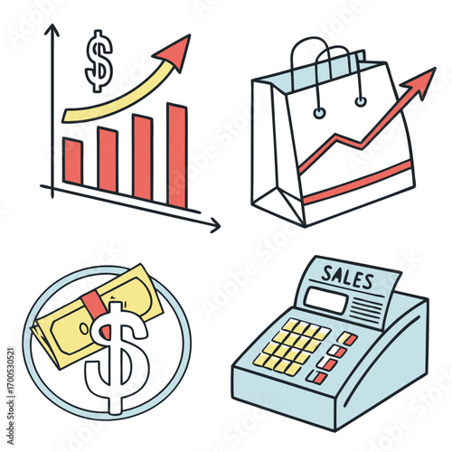 Business and Sales Icons with Graph and Cash Register