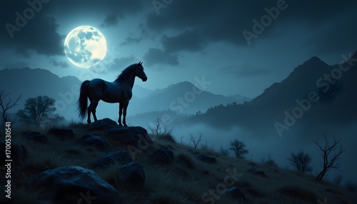 A lone black horse stands majestically on a hill under the full moon, its dark coat shining in the lunar glow as it surveys the eerie landscape of the spooky wilderness around it